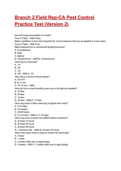 Practice Test For Pest Control