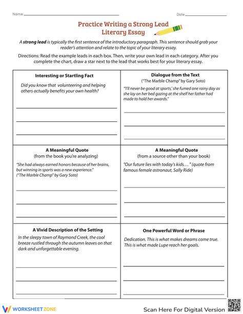 Practice Writing A Strong Lead Literary Essay Worksheet Writing Leads Worksheet - Writing Leads Worksheet