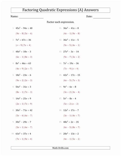 Download Practice 5 4 Factoring Quadratic Expressions Answers 