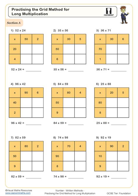 Practising The Grid Method For Long Multiplication Worksheet Long Multiplication With Grid - Long Multiplication With Grid
