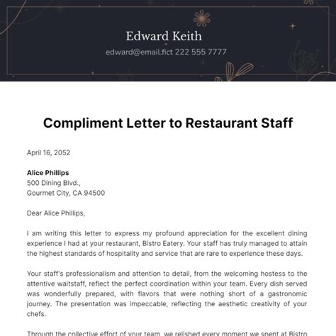 praise letter sample for restaurant good service