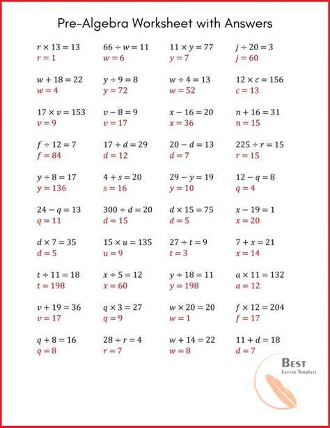 pre algebra booklet answers