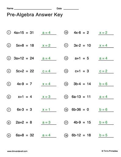 Pre Algebra Practice With Answer Key