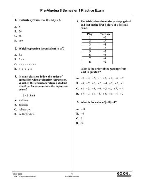 Pre Algebra Semester 1 Practice Exam A