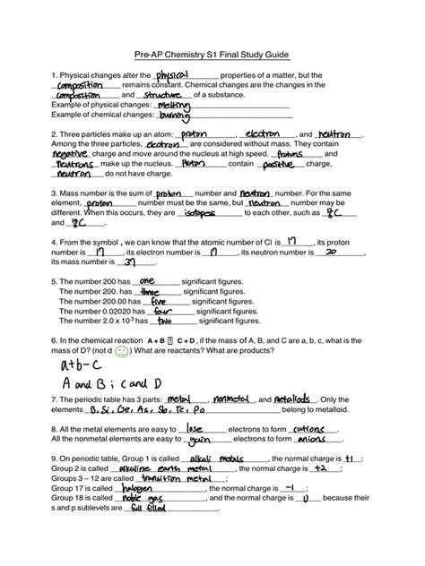 pre ap chemistry final answer key