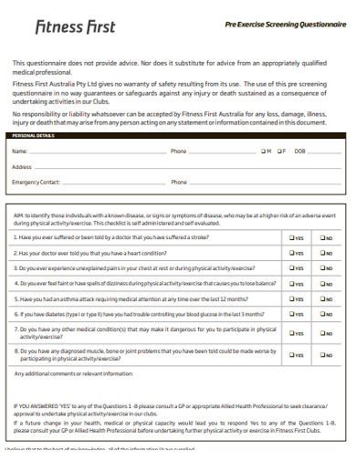Pre Exercise Questionnaire Template