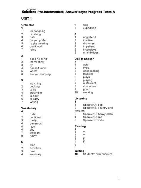 Pre Intermediate Progress Test Answer Key Cambridge