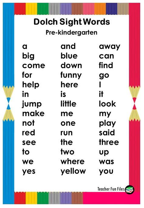 Pre Kindergarten Dolch Sight Words Usa English Club Pre Kindergarten Sight Words - Pre Kindergarten Sight Words