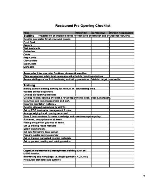 pre opening restaurant checklist