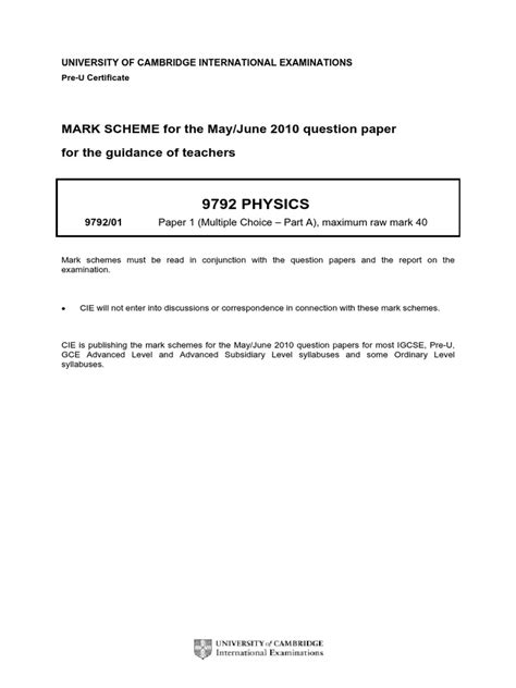 pre u physics mark scheme may 2009
