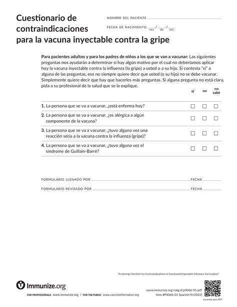 pre vaccination checklist in spanish