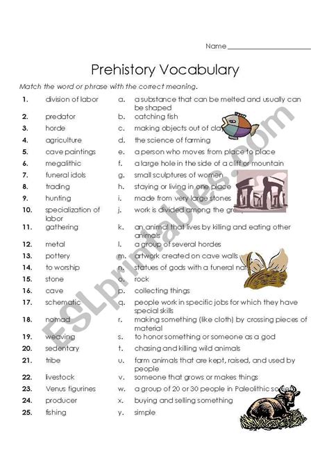 Prehistory Vocabulary Matching Worksheet Esl Worksheet By Matching Vocabulary Worksheet - Matching Vocabulary Worksheet