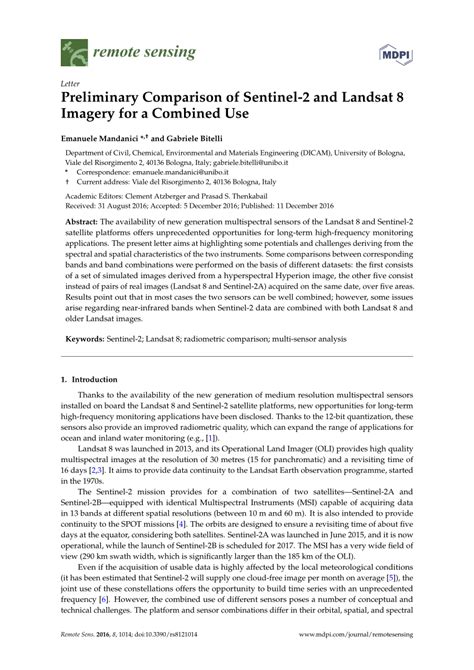 Preliminary Comparison Of Sentinel 2 And Landsat 8 Imagery