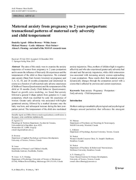 Download Prenatal Maternal Anxiety And Early Childhood Temperament 