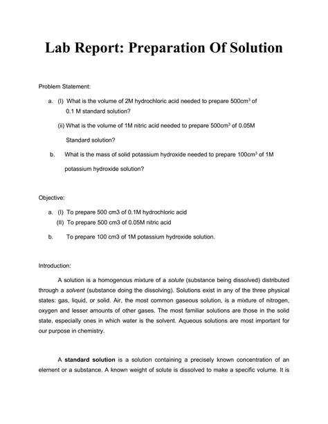 Preparation Of Solutions Lab Report
