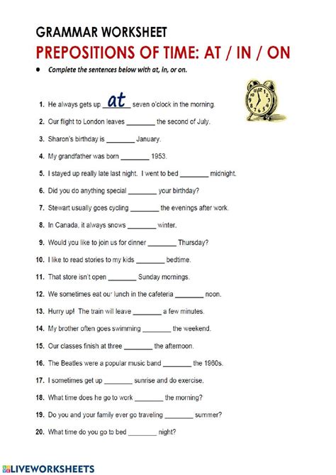Preposition Of Time Worksheet