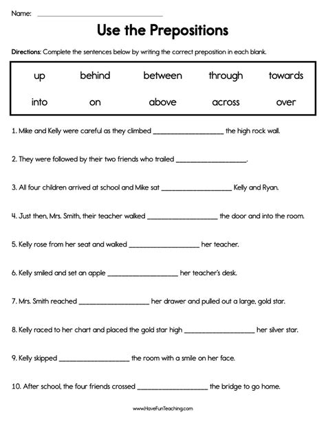 Preposition Worksheet Class 8