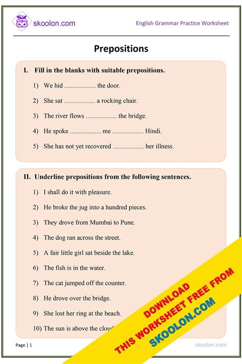 Preposition Worksheet For Class 2