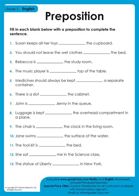Preposition Worksheet For Class 3
