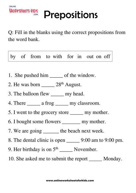 Preposition Worksheet For Class 4