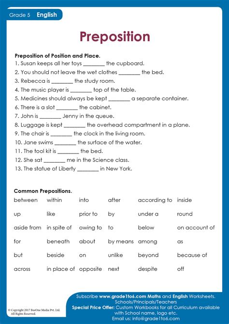 Preposition Worksheet For Class 5 With Answers
