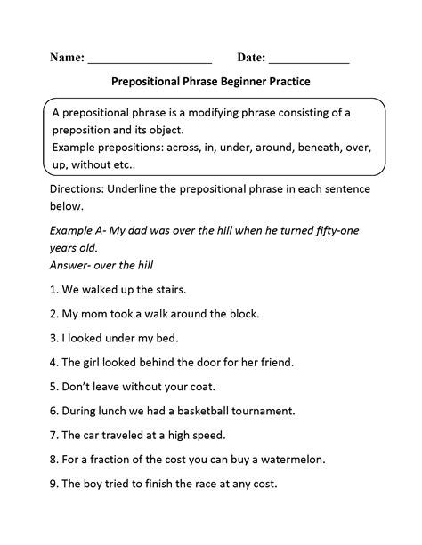 Prepositional Phrase Worksheet