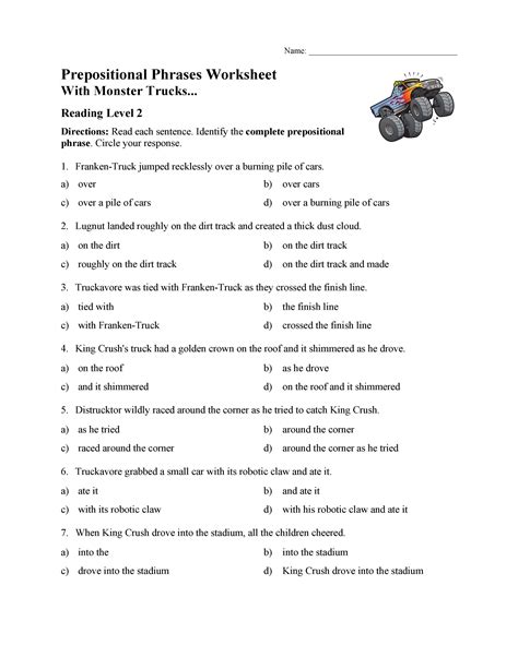 Prepositional Phrases Worksheet With Monster Trucks Prepositional Phrases Worksheet Answer Key - Prepositional Phrases Worksheet Answer Key