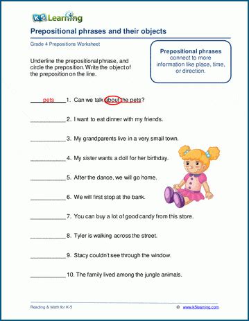 Prepositional Phrases Worksheets K5 Learning Grade 4 Prepositional Phrases Worksheet - Grade 4 Prepositional Phrases Worksheet