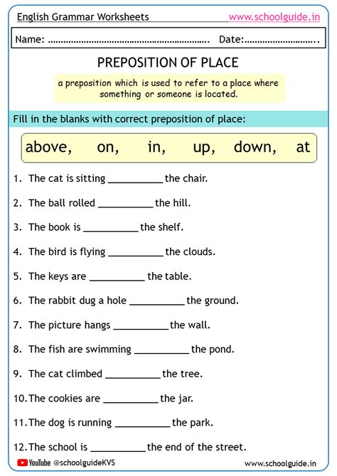 Prepositions Worksheet For Class 6