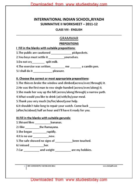 Prepositions Worksheet For Class 8 Ncert Guides Com Preposition Worksheet For Grade 9 - Preposition Worksheet For Grade 9