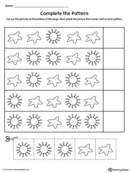 Preschool Complete The Pattern Worksheet Myteachingstation Com Patterns Worksheets Preschool - Patterns Worksheets Preschool