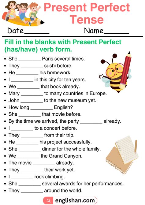 Present Perfect Tense Worksheet For Class 5