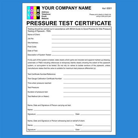 pressure test certificate forms