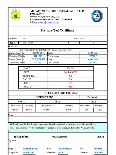 pressure test certificate sapga