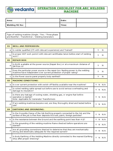 Preventive Maintenance Checklist Welding Machine