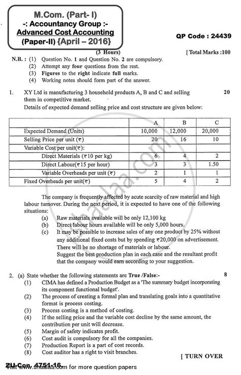 Download Previous Cost Accounting Exam Paper 