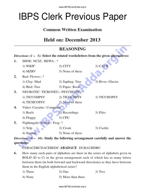 Full Download Previous Year Question Paper Bank Clerk 