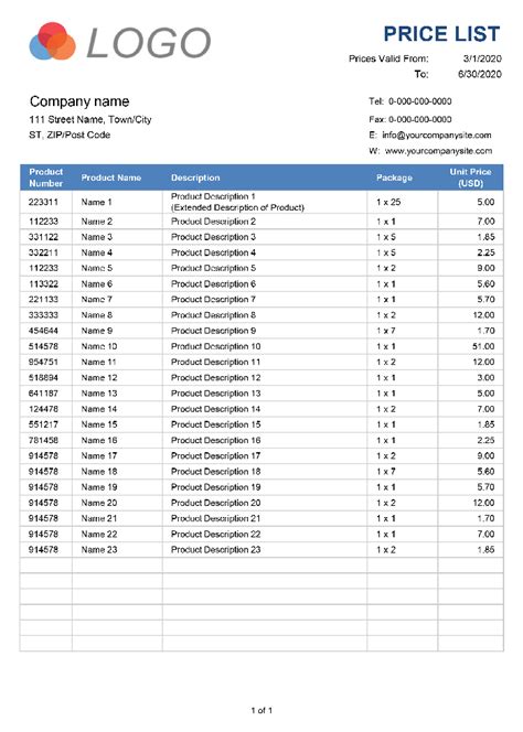 price list template in excel Templates at