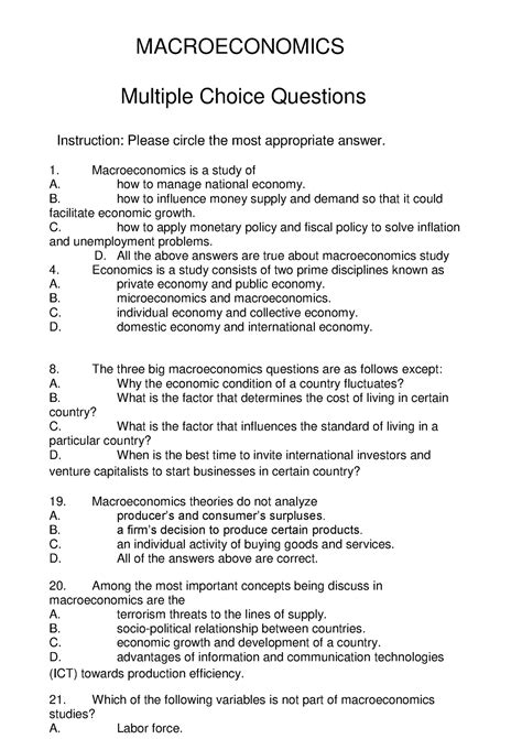 principles of macroeconomics multiple choice questions