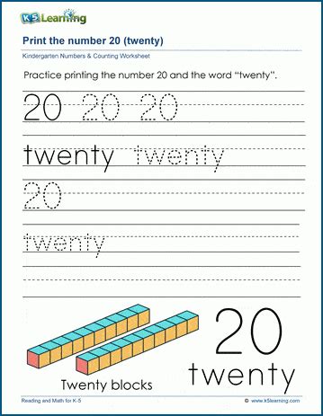 Print The Number 20 Twenty K5 Learning Kindergarten Number Worksheets 1 20 - Kindergarten Number Worksheets 1 20