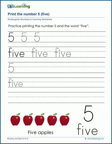Print The Number 5 Five K5 Learning Number 5 Worksheets For Preschool - Number 5 Worksheets For Preschool
