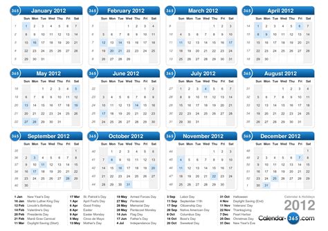 Printable 2012 Calendar By Month