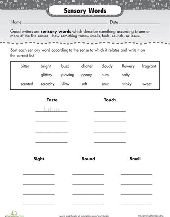 Printable 3rd Grade Sensory Word Worksheets Education Com Sensory Words Worksheet - Sensory Words Worksheet