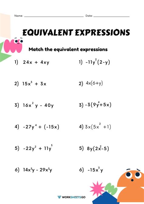 Printable 6th Grade Equivalent Expression Worksheets Matching Equivalent Expressions Worksheet - Matching Equivalent Expressions Worksheet