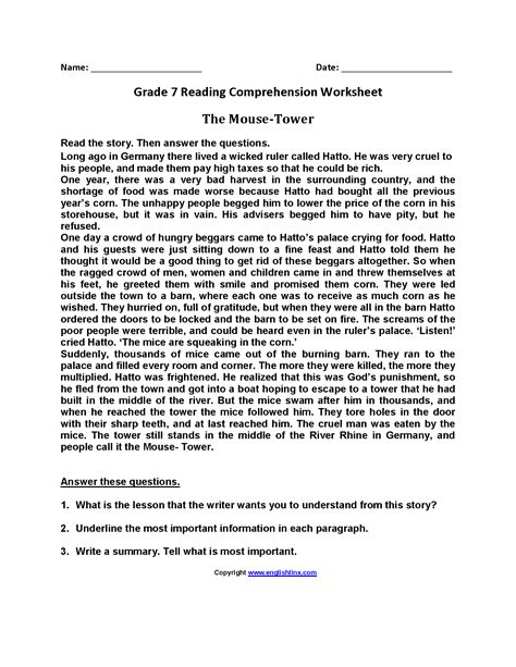 Printable 7th Grade Reading Amp Writing Worksheets Education Reading Comprehension Worksheet 7th Grade - Reading Comprehension Worksheet 7th Grade