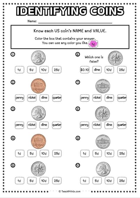 Printable Coin Identification Worksheets