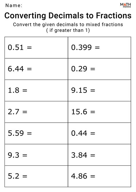 Printable Converting Decimals And Fraction Worksheets Decimal And Fractions Worksheet - Decimal And Fractions Worksheet