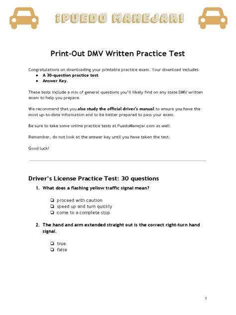Printable Dmv Practice Test With Answers