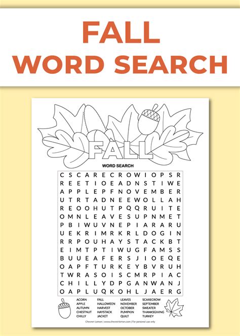Printable Fall Word Search Chevron Lemon Fall Themed Word Search - Fall Themed Word Search