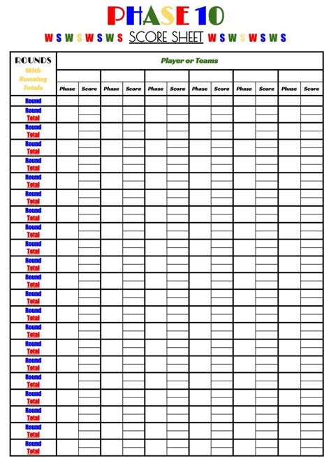 Printable Printable Phase 10 Score Sheet